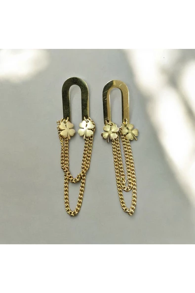 2'Lİ YONCA MODEL ZİNCİRLİ KADIN KÜPE GOLD 5CM - 3