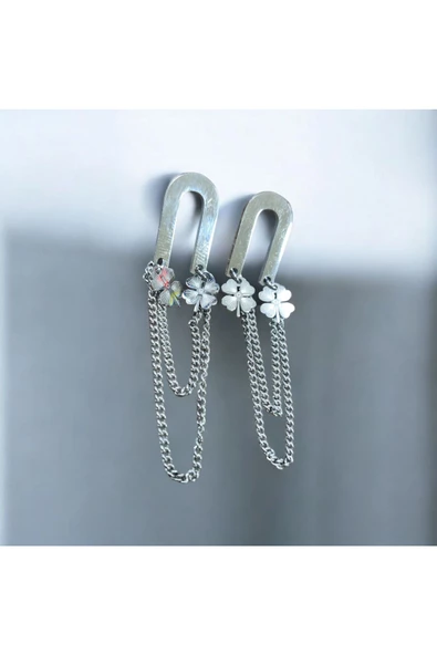 2'Lİ YONCA MODEL ZİNCİRLİ KADIN KÜPE GÜMÜŞ RENK 5CM - 3