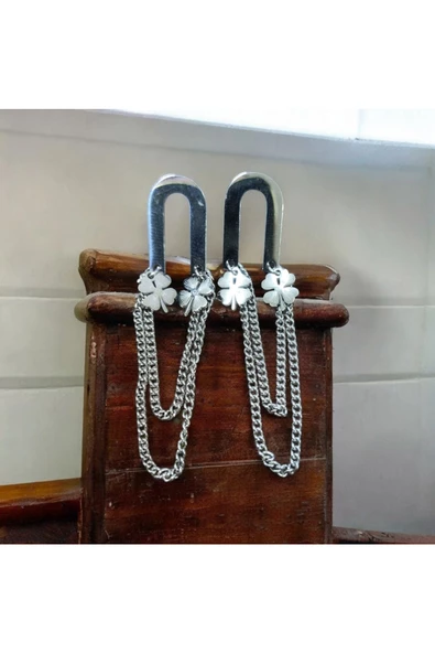 2'Lİ YONCA MODEL ZİNCİRLİ KADIN KÜPE GÜMÜŞ RENK 5CM - 2