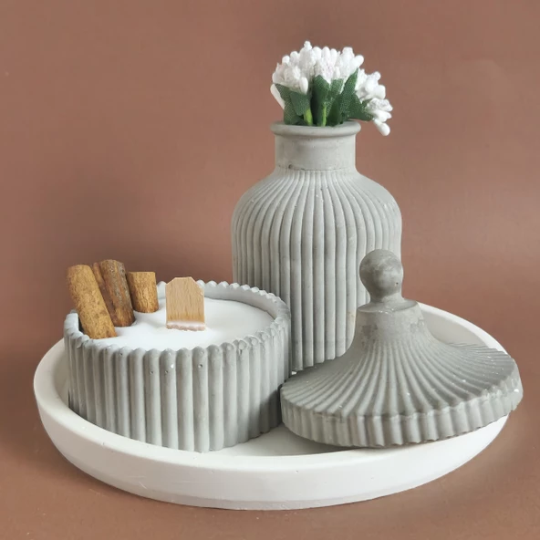 El Yapımı Beton Mumluk ve Dekoratif Vazo Seti Gri Renk