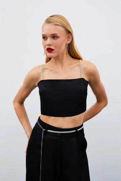 Taş Askılı Saten Crop Bluz - SİYAH - 2