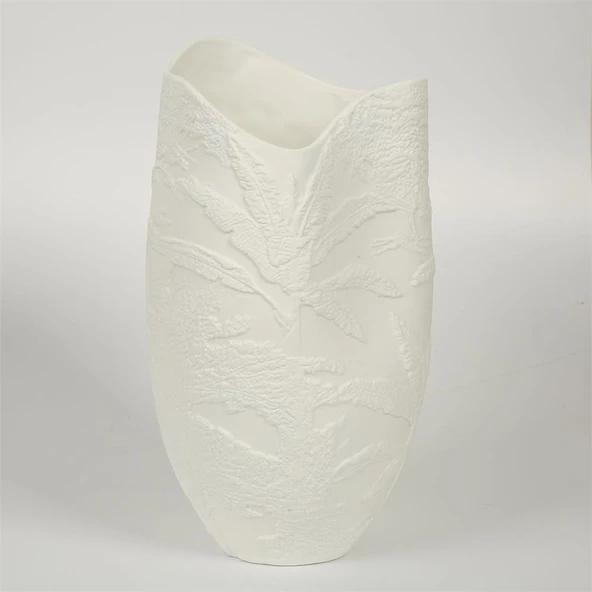 Vitale Beyaz Yaprak Dokulu Seramik Vazo 19*18*36 Cm AK.JM00001