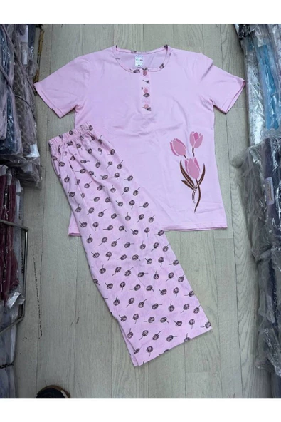 Lale ve Gül desen Pembe kapri pijama takımı - 3