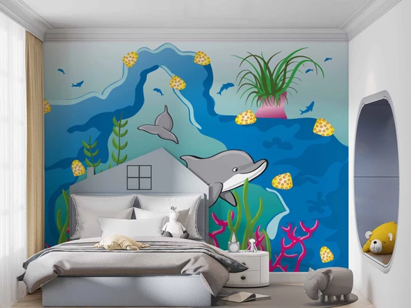 Denizaltı Yunus Çocuk Odası Duvar Kağıdı Baskı - Resim 4