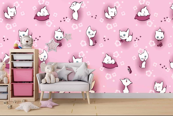 Pembe Kedili Çocuk Odası Duvar Kağıdı Baskı - 4