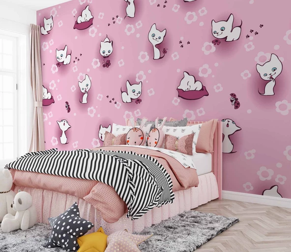 Pembe Kedili Çocuk Odası Duvar Kağıdı Baskı - 2