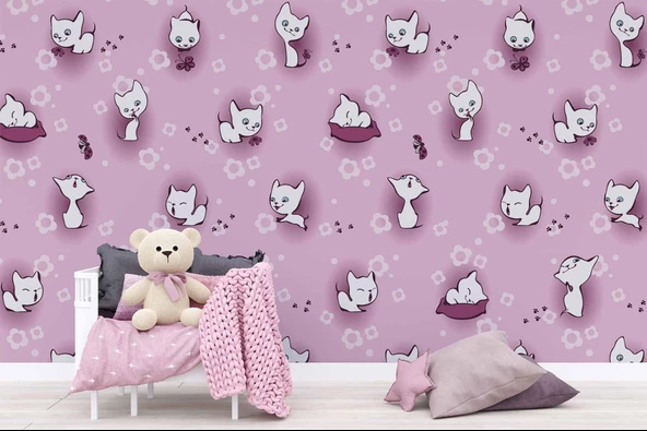 Pembe Kedili Çocuk Odası Duvar Kağıdı Baskı - 5