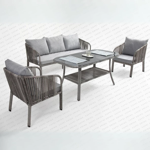 Capri Swing Artemis Üçlü Rattan Balkon Bahçe Takımı | Gri ürün görseli 1