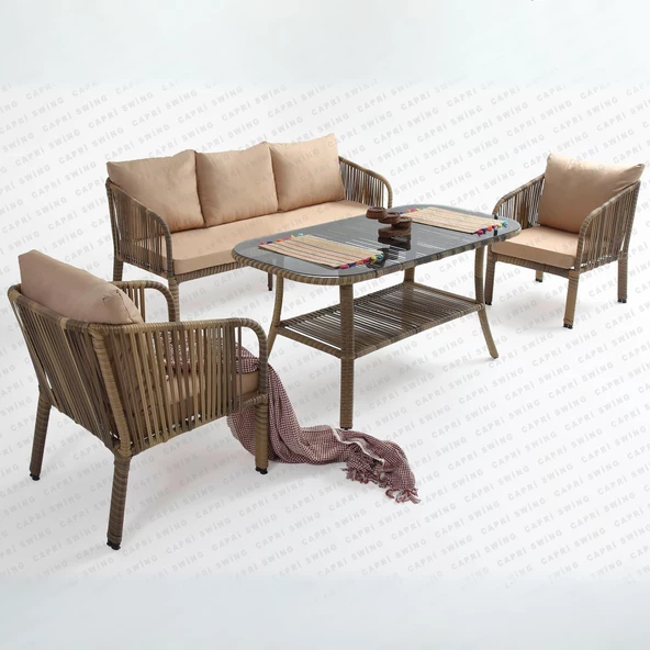 Capri Swing Artemis Üçlü Rattan Balkon Bahçe Takımı | Açık Kahve