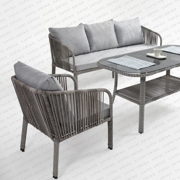 Capri Swing Artemis Üçlü Rattan Balkon Bahçe Takımı | Gri - 2