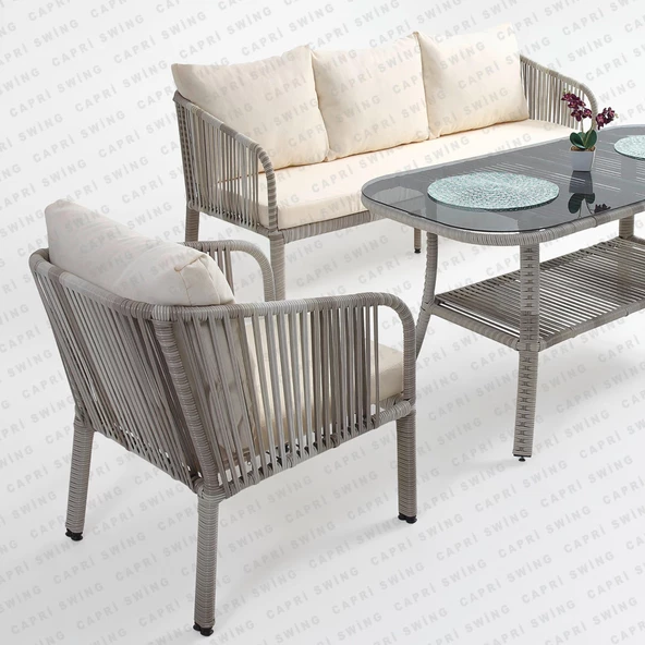 Capri Swing Artemis Üçlü Rattan Balkon Bahçe Takımı | Beyaz - 2