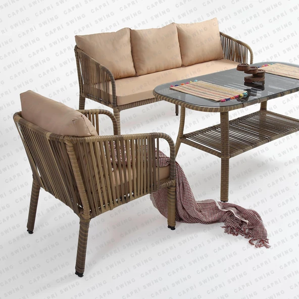 Capri Swing Artemis Üçlü Rattan Balkon Bahçe Takımı | Açık Kahve - 2