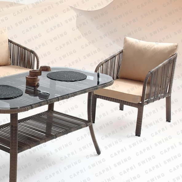 Capri Swing Artemis Üçlü Rattan Balkon Bahçe Takımı | Kahve - 3