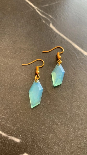 Parlak Mint Yeşili Renkli Gold Aksesuarlı Kristal Şekil Epoksi Küpe El Yapımı Hediyelik - Resim 4