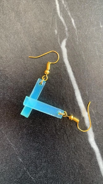 Parlak Mint Yeşili Renkli Gold Aksesuarlı Çubuk Şekil Epoksi Küpe El Yapımı Hediyelik - Resim 2