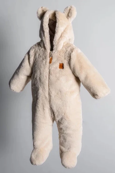 Ayıcık Kulaklı Peluş %100 Pamuklu Fermuarlı Kapişon Astar Kışlık Erkek Bebek Astronot Tulum Kozmonot - 4