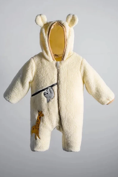 Zürafa Desenli Peluş %100 Pamuklu Fermuarlı İçi Astarlı Kışlık Erkek Bebek Astronot Tulum Kozmonot - 3