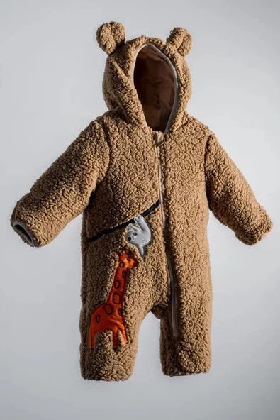 Zürafa Desenli Peluş %100 Pamuklu Fermuarlı İçi Astarlı Kışlık Erkek Bebek Astronot Tulum Kozmonot - 6