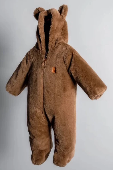 Ayıcık Kulaklı Peluş %100 Pamuklu Fermuarlı Kapişon Astar Kışlık Erkek Bebek Astronot Tulum Kozmonot - 10