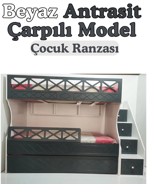 Beyaz Antrasit Çarpılı Model Çocuk Ranzası