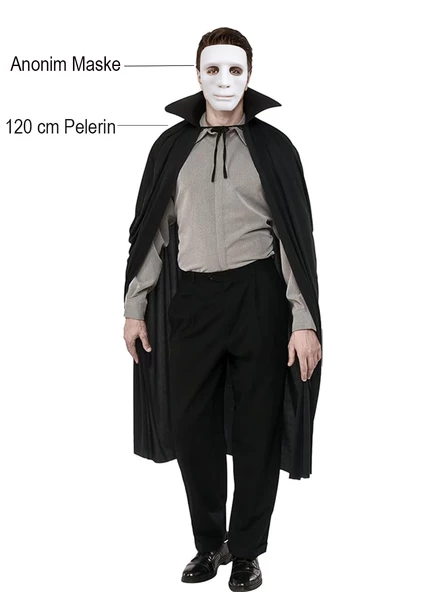Siyah Renk Yakalı 120 cm Pelerin ve Beyaz Anonim Maske ürün görseli 1