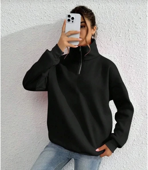 Unisex Uzun Kol Yarım Farmuarlı Yakalı Basic SweatShirt - Siyah - Resim 3
