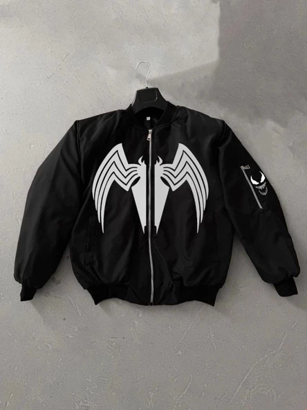 Tam Fermuarlı Uzun Kol Baskılı Bomber Ceket - Siyah - 2