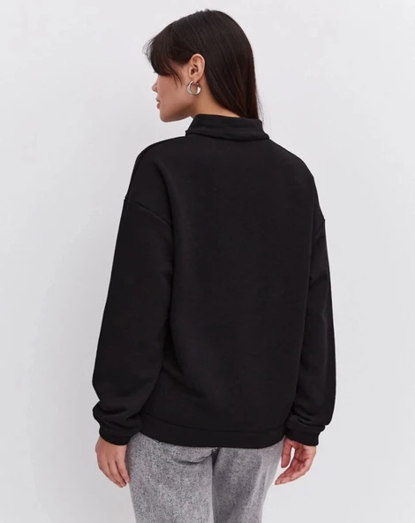 Oversize Yarım Farmuarlı Yakalı Basic SweatShirt - Siyah - Resim 4
