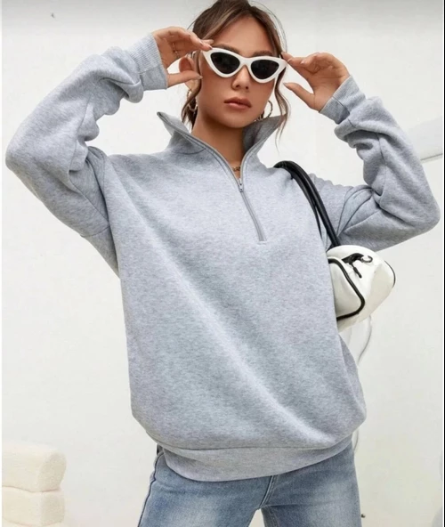 Unisex Uzun Kol Yarım Farmuarlı Yakalı Basic SweatShirt - Gri - 2