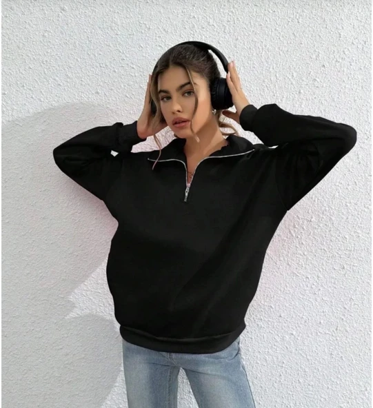 Unisex Uzun Kol Yarım Farmuarlı Yakalı Basic SweatShirt - Siyah - Resim 2