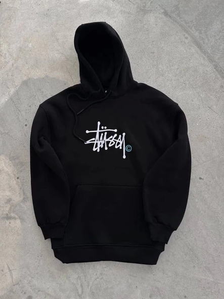 Üç İplik Kapşonlu Baskılı SweatShirt - Siyah - 2