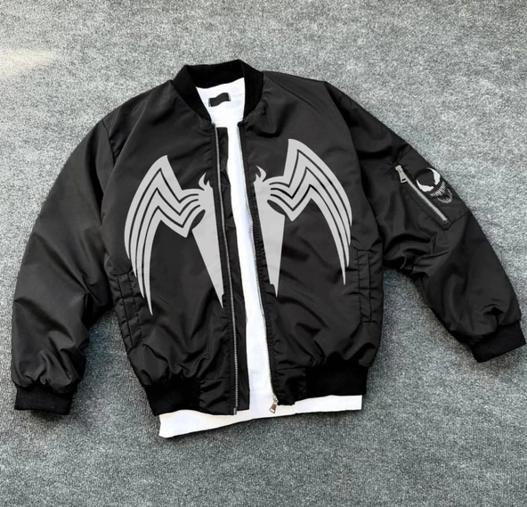 Tam Fermuarlı Uzun Kol Baskılı Bomber Ceket - Siyah - 4