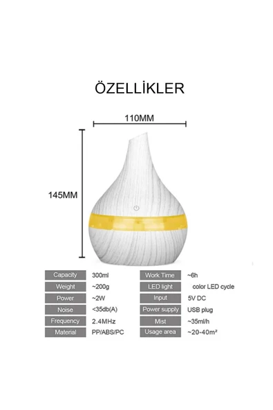 Japon Modeli  Hava Nemlendirici 7 Renk Ultrasonik Ahşap Görünüm Ledli Koku 300ml Aroma - 7