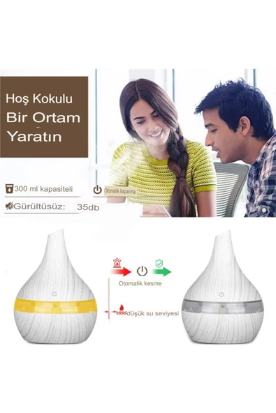 Japon Modeli  Hava Nemlendirici 7 Renk Ultrasonik Ahşap Görünüm Ledli Koku 300ml Aroma - 4