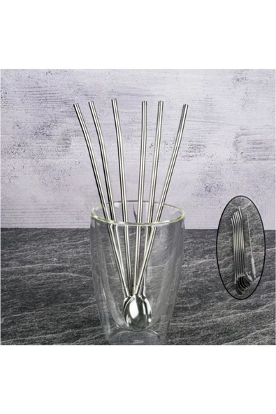 Kaşıklı Çelik Pipet 6lı + Fırça Kokteyl Karıştırıcı Kokteyl Kaşığı Bar Koktely Kaşığı 6lı