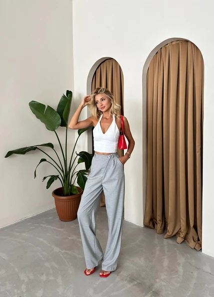 Gri Önü Çapraz Düğme Detaylı Kumaş Pantolon - 5