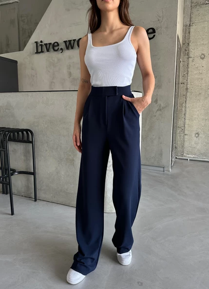 Parla Kadın Likralı Cırt Kapama Lacivert Palazzo Pantolon - Resim 2