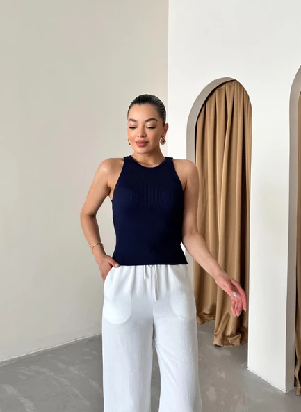 Beyaz Beli Lastikli Pamuklu Keten Pantolon - 5