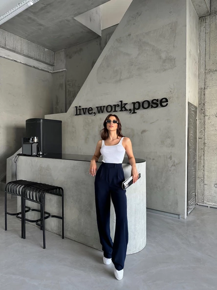 Parla Kadın Likralı Cırt Kapama Lacivert Palazzo Pantolon - Resim 5