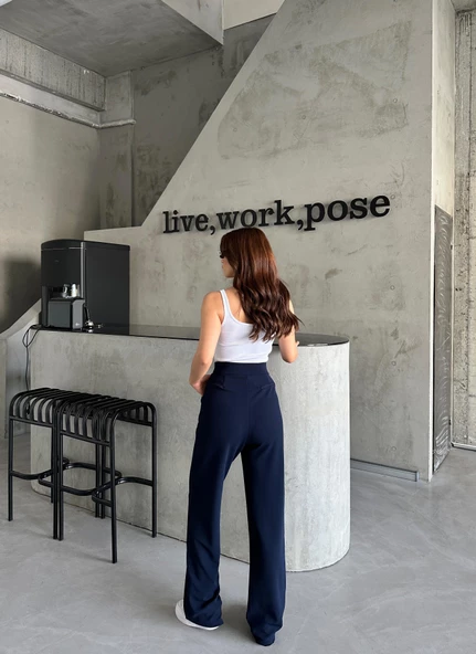 Parla Kadın Likralı Cırt Kapama Lacivert Palazzo Pantolon - Resim 7