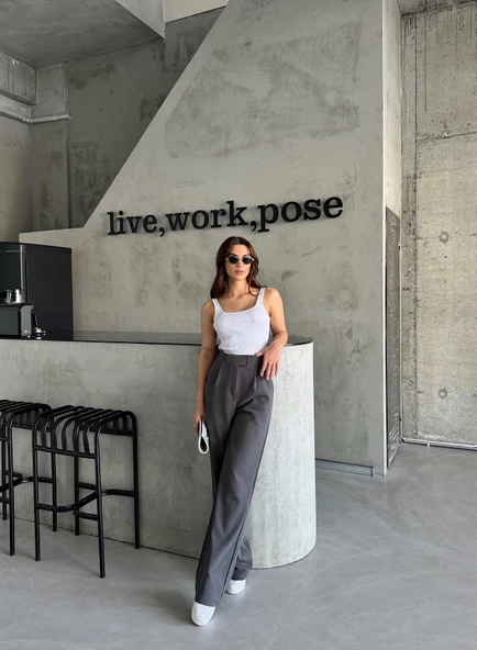 Parla Kadın Likralı Cırt Kapama Antrasit Palazzo Pantolon - Resim 4