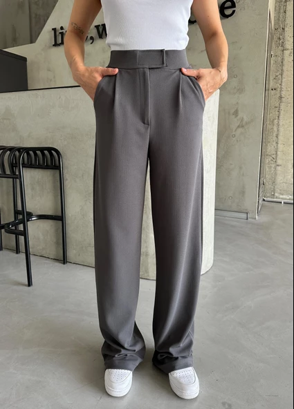 Parla Kadın Likralı Cırt Kapama Antrasit Palazzo Pantolon - Resim 2