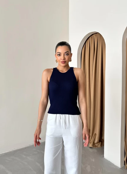 Beyaz Beli Lastikli Pamuklu Keten Pantolon - 2
