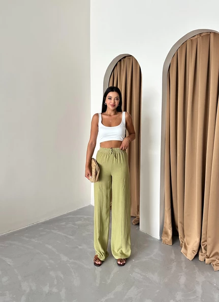 Çağla Yeşili %100 Keten Palazzo Pantolon - 5