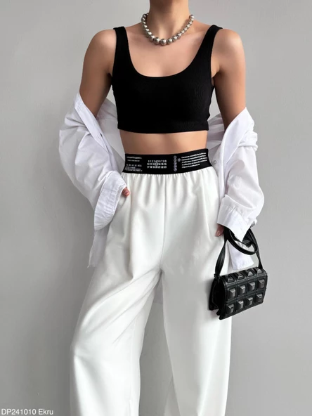 Ekru Beli Yazılı Pantolon - 4