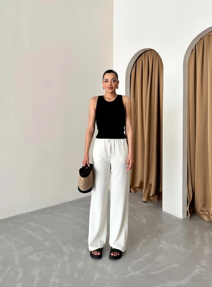 Taş Beli Lastikli Pamuklu Keten Pantolon - 2