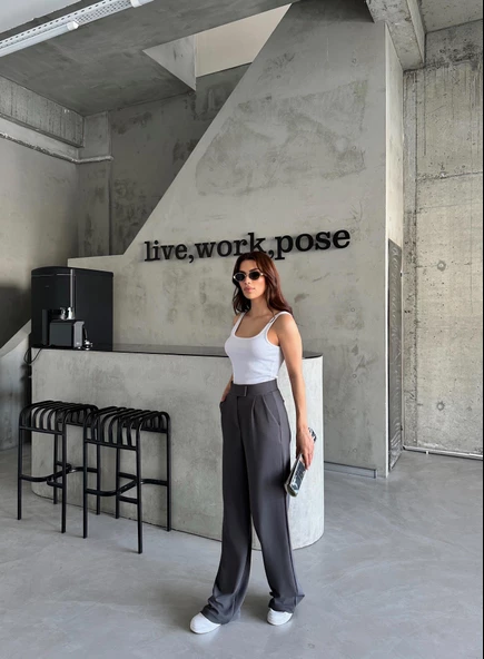 Parla Kadın Likralı Cırt Kapama Antrasit Palazzo Pantolon - Resim 5