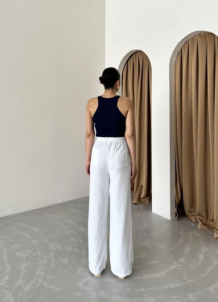 Beyaz Beli Lastikli Pamuklu Keten Pantolon - 8