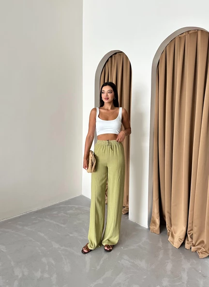 Çağla Yeşili %100 Keten Palazzo Pantolon - 2