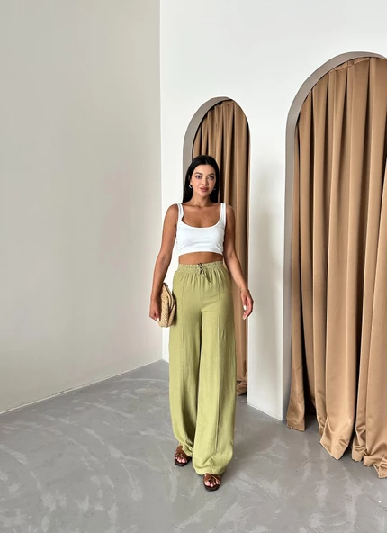 Çağla Yeşili %100 Keten Palazzo Pantolon - 6